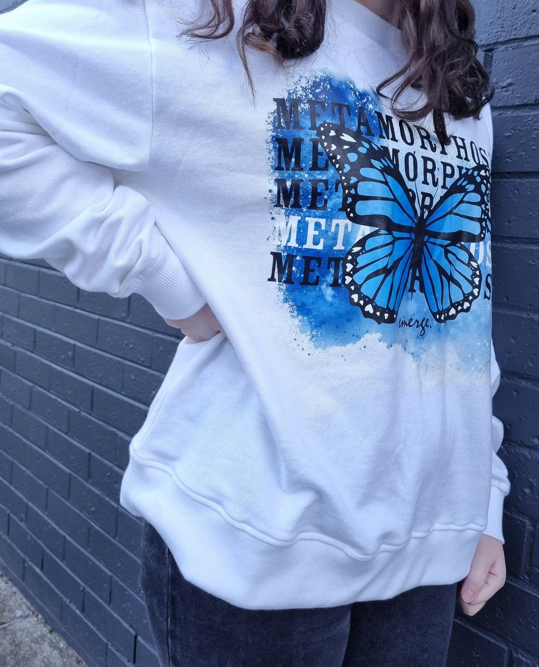 Butterfly print white crew ladies teen cotton unbrushed fleece sweatshirt made in Australia